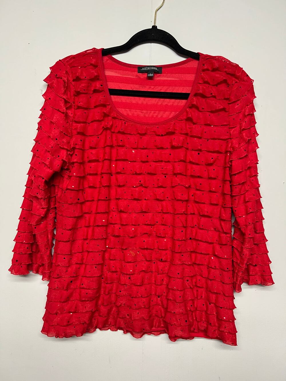 Notations Ruffle Speckled 3/4 Sleeve Red Top Women Large Dressy Formal Christmas